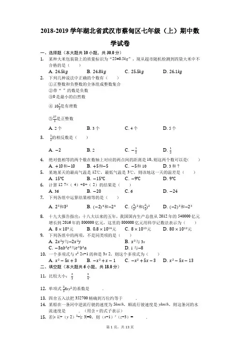 2018-2019学年湖北省武汉市蔡甸区七年级(上)期中数学试卷