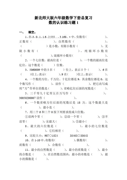 新北师大版六年级数学下册总复习-数的认识练习题1