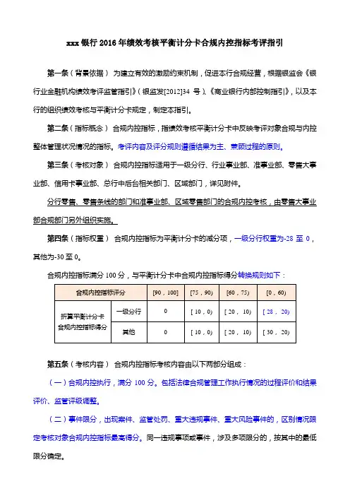 银行绩效考核平衡计分卡合规内控指标考评指引