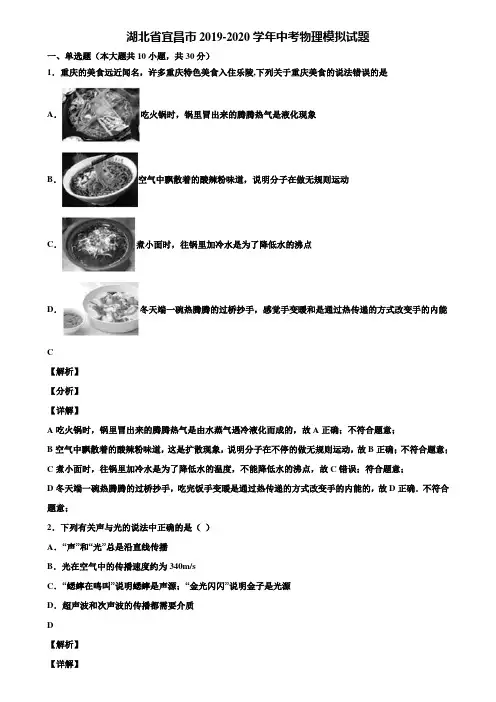 湖北省宜昌市2019-2020学年中考物理模拟试题含解析