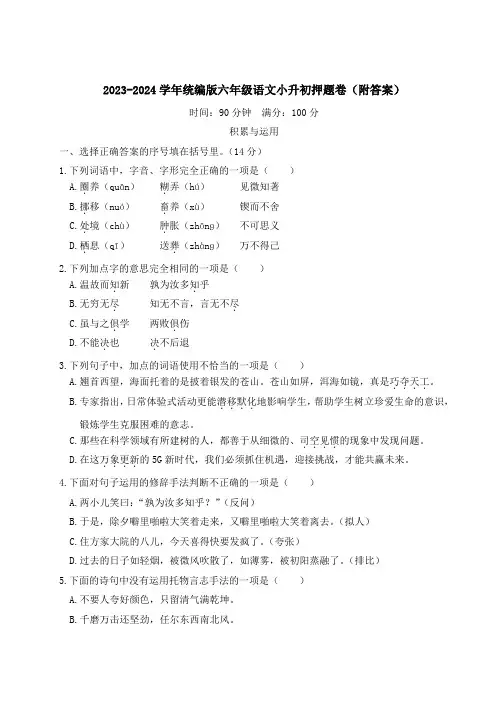 2023-2024学年统编版六年级语文小升初押题卷(附答案