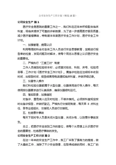 公司安全生产工作计划（精选16篇）