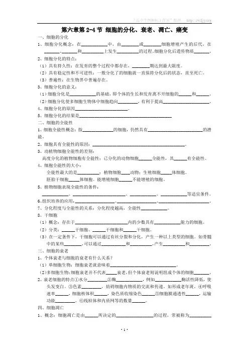 高中生物人教版必修1全册复习提纲：第6章第2-4节 细胞的分化、衰老、凋亡、癌变