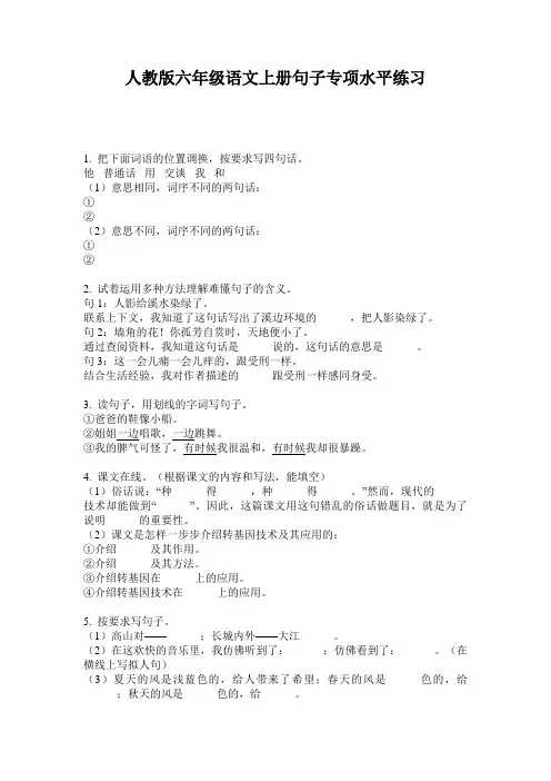 人教版六年级语文上册句子专项水平练习