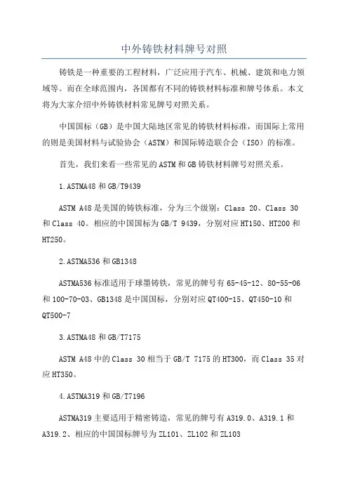 中外铸铁材料牌号对照