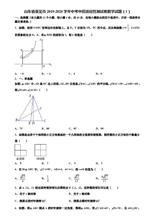 山东省莱芜市2019-2020学年中考中招适应性测试卷数学试题(1)含解析