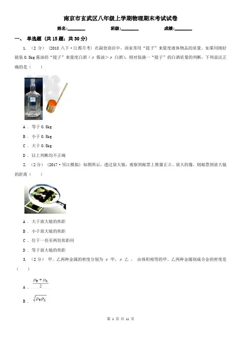 南京市玄武区八年级上学期物理期末考试试卷