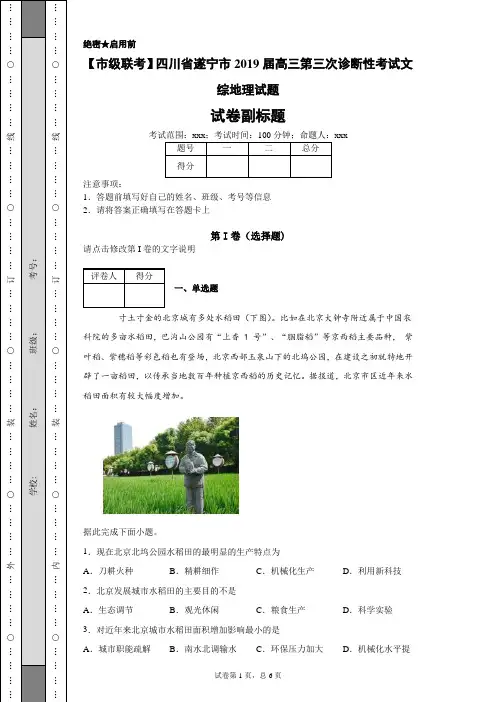 【市级联考】四川省遂宁市2019届高三第三次诊断性考试文综地理试题