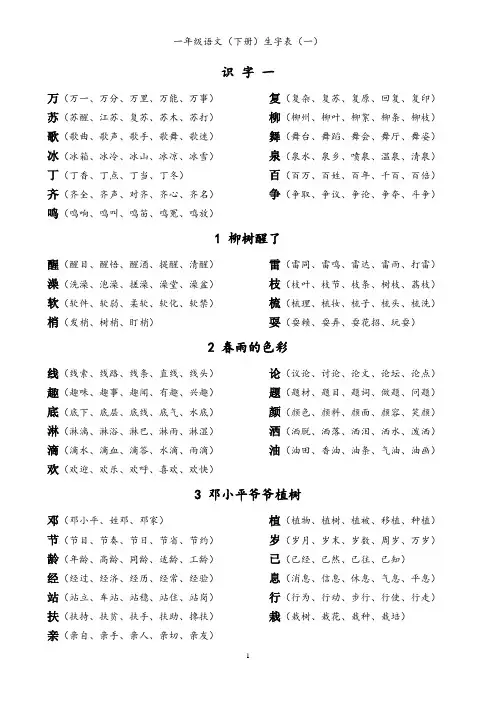 人教版一年级语文(下册)生字表一(组词)