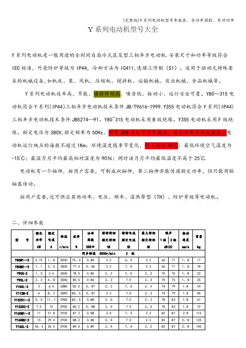 (完整版)Y系列电动机型号参数表、含功率因数、有功功率