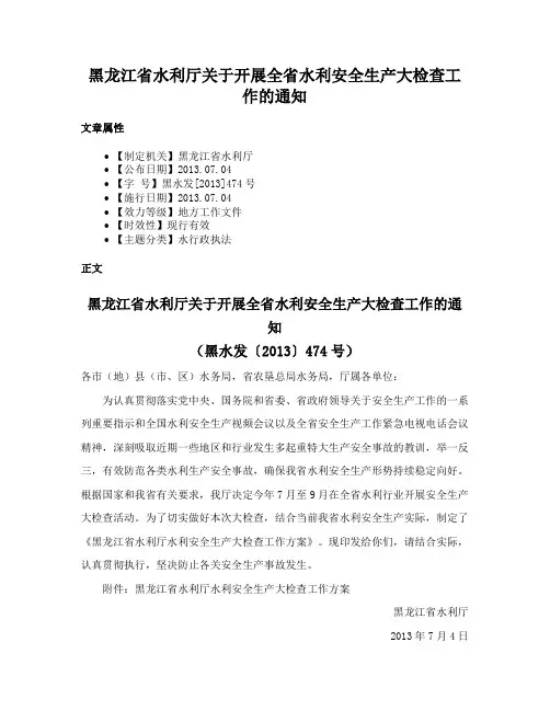 黑龙江省水利厅关于开展全省水利安全生产大检查工作的通知