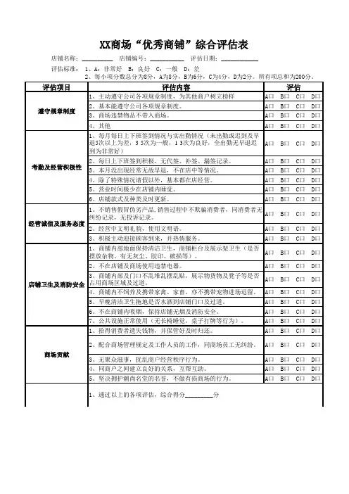 商户综合评估内容表