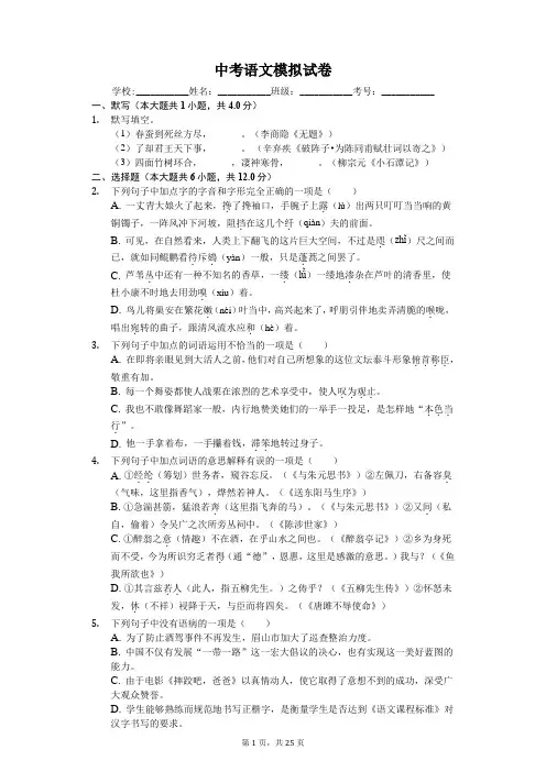 山东省泰安 中考语文模拟试卷(含答案)