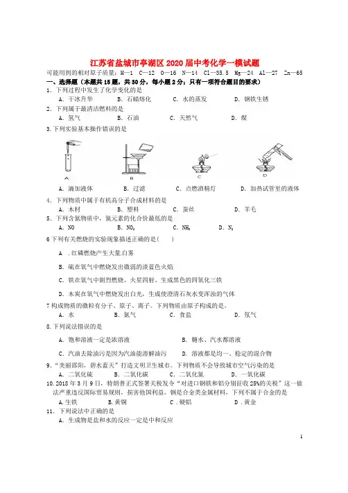 江苏省盐城市亭湖区2020届中考化学一模试题