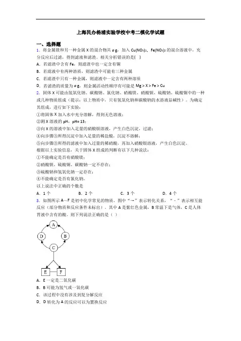 上海民办杨浦实验学校中考二模化学试题