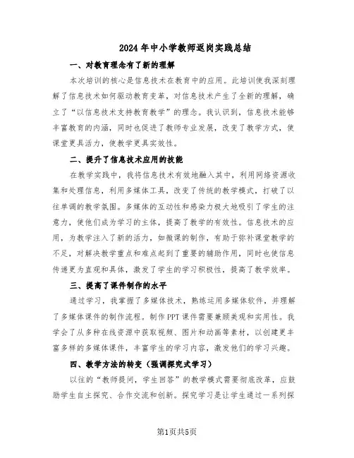 2024年中小学教师返岗实践总结（3篇）