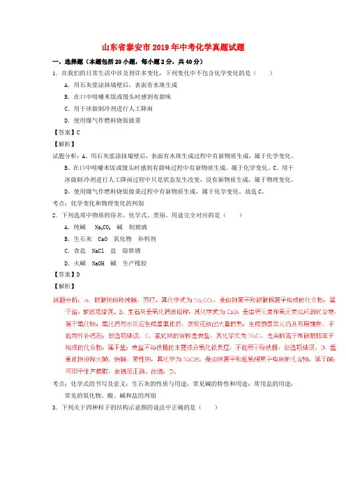 【2019年中考真题模拟】山东省泰安市2019年中考化学真题试题(含解析)