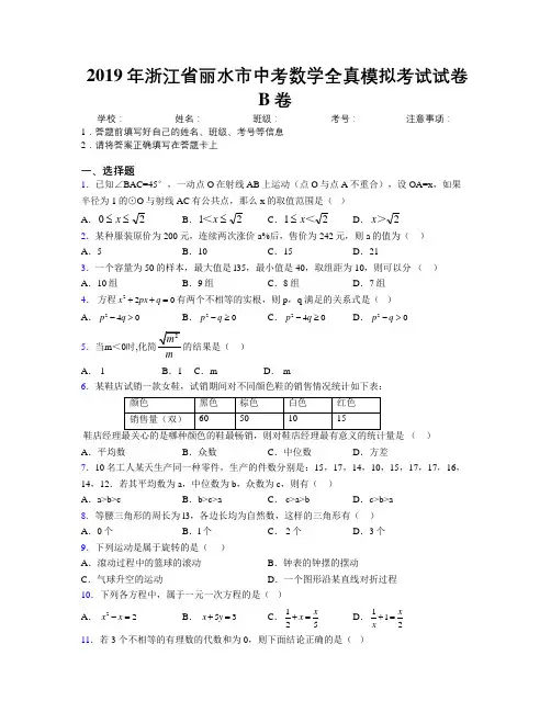 2019年浙江省丽水市中考数学全真模拟考试试卷B卷附解析
