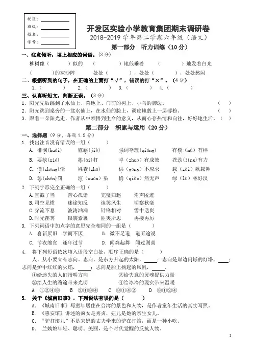2018～2019学年第二学期六年级语文(下册)期末检测(江苏真卷)