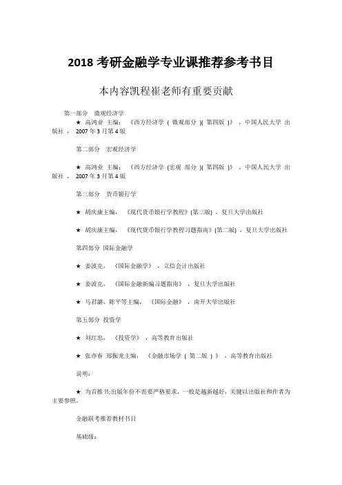 2018考研金融学专业课推荐参考书目