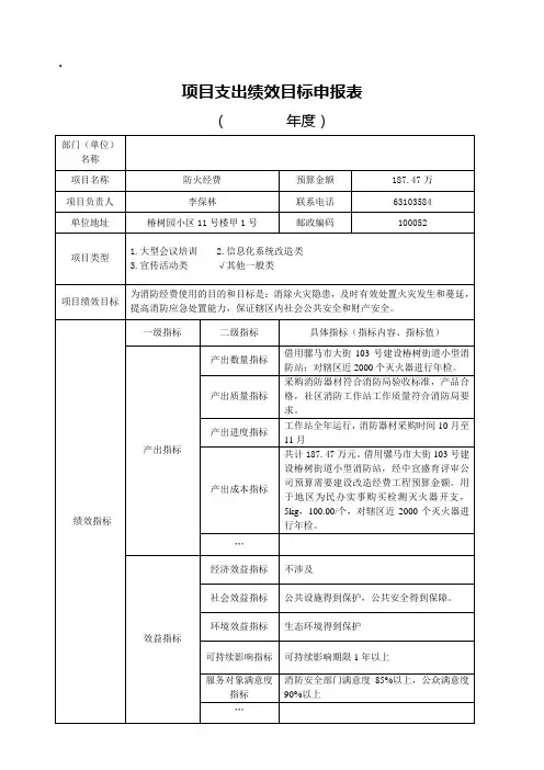 项目支出绩效目标申报表(范本)