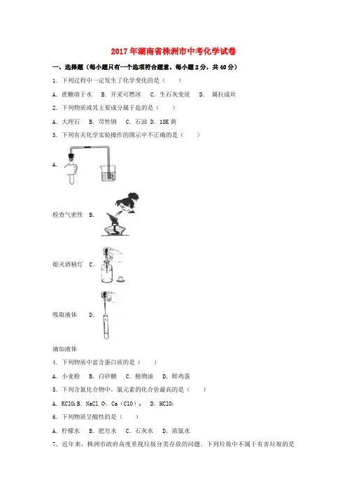 湖南省株洲市2017年中考化学真题试题(含解析)