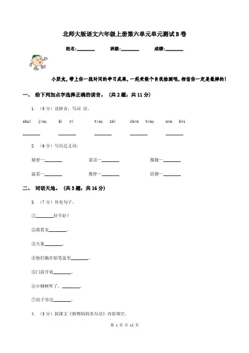 北师大版语文六年级上册第六单元单元测试B卷
