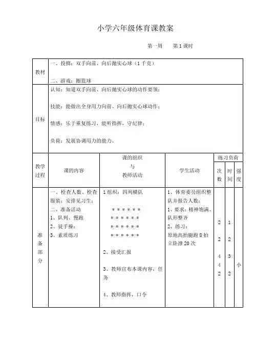 小学六年级体育课教案