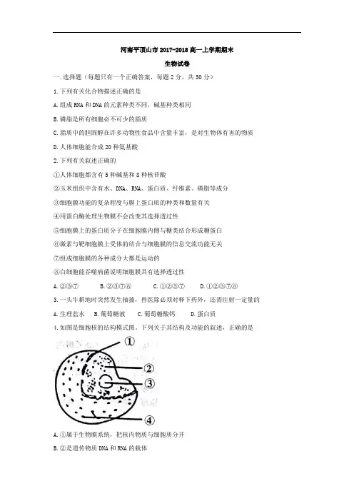 河南省平顶山市2017-2018学年高一上学期期末考试生物