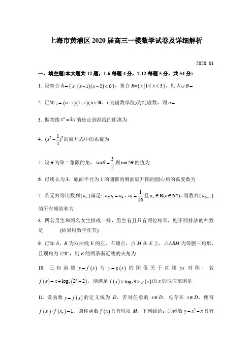 上海市黄浦区2020届高三一模数学试卷及详细解析(Word版)