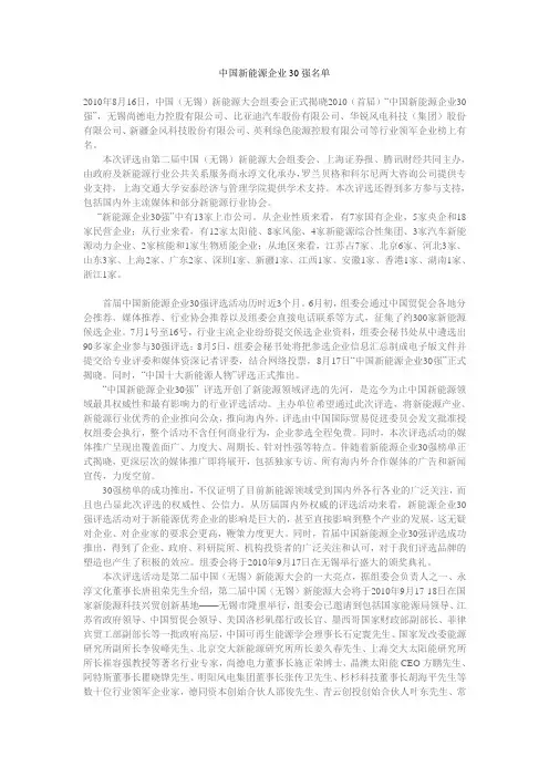 中国新能源企业30强名单