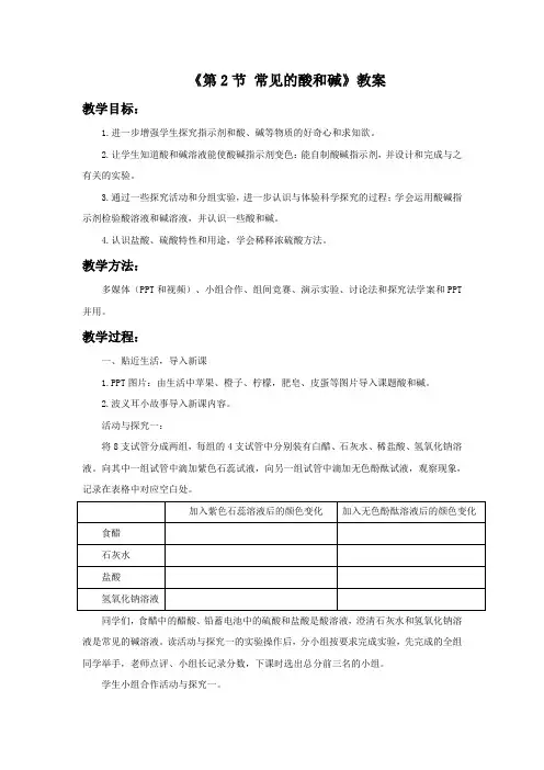 沪教上海版九年级化学下册 常见的酸和碱 教案