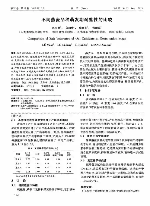 不同燕麦品种萌发期耐盐性的比较
