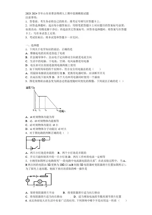 2023-2024学年山东省曹县物理九上期中监测模拟试题含解析