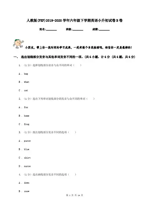 人教版(PEP)2019-2020学年六年级下学期英语小升初试卷B卷