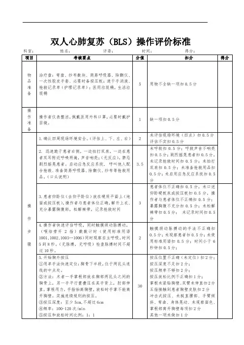 双人心肺复苏(BLS)操作评价标准