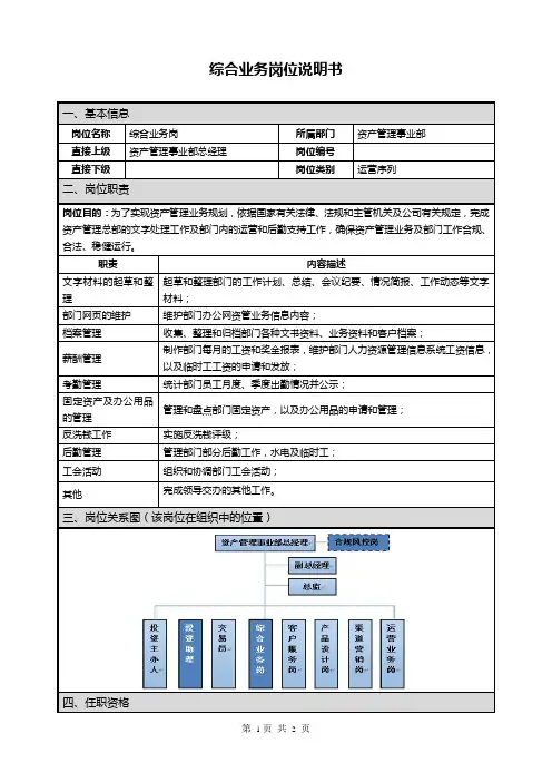 综合业务证券公司岗位说明书