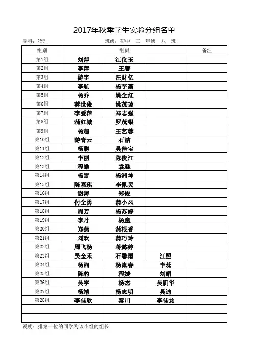 学生实验分组名单(8班)