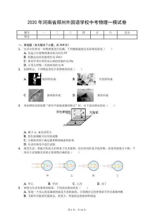 2020年河南省郑州外国语学校中考物理一模试卷(有答案解析)