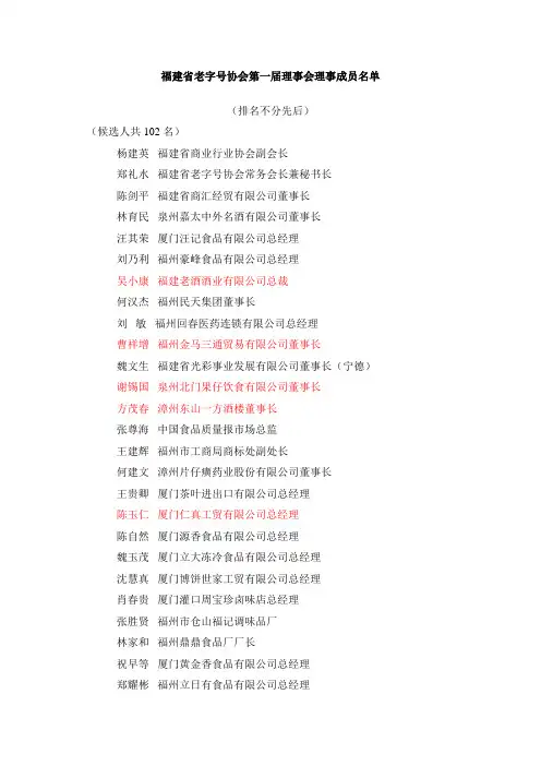 福建省老字号协会第一届理事会理事成员名单