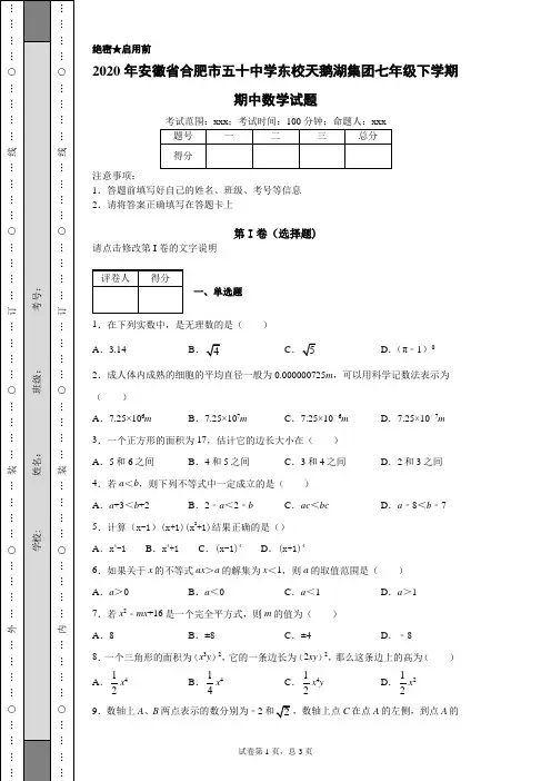 2020年安徽省合肥市五十中学东校天鹅湖集团七年级下学期期中数学试题(附带详细解析)