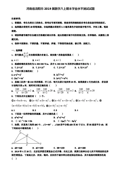 河南省洛阳市2019届数学八上期末学业水平测试试题
