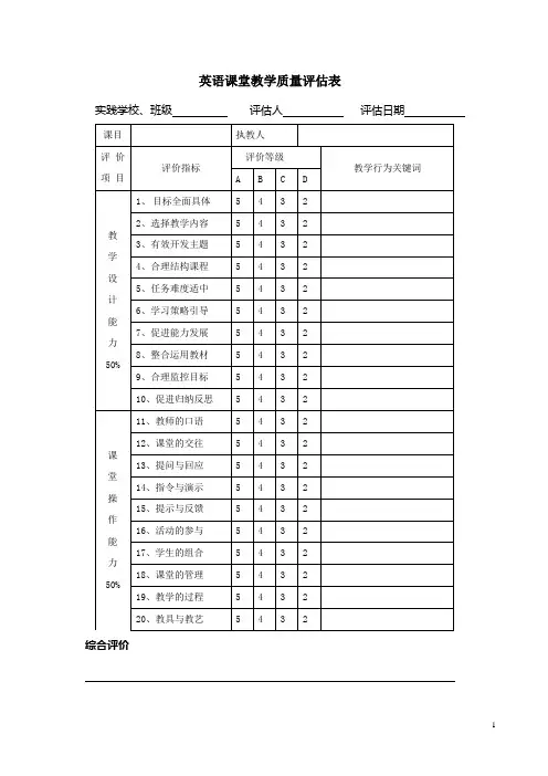 英语教师课堂教学质量评估表