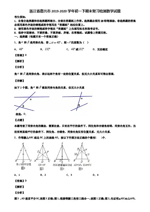 浙江省嘉兴市2019-2020学年初一下期末复习检测数学试题含解析
