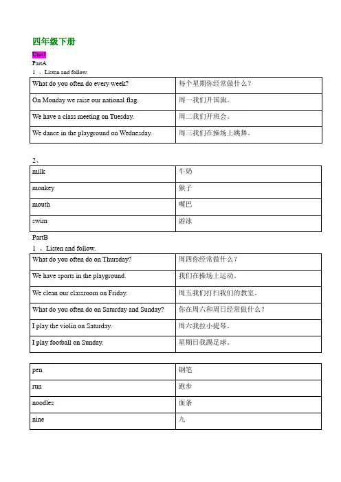 闽教版四年级下册英语