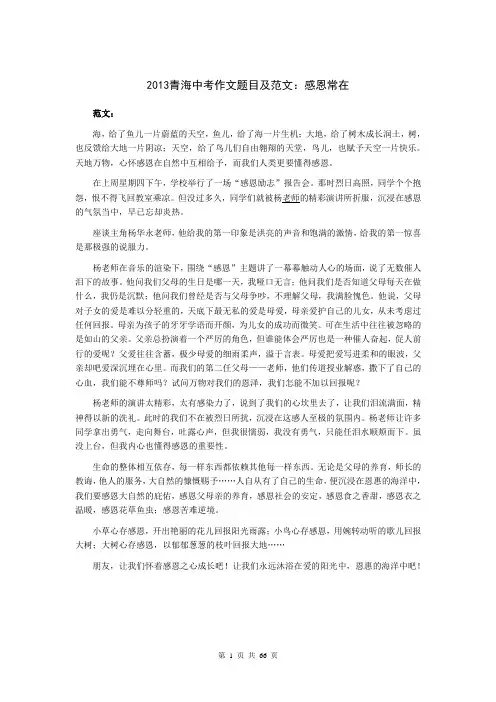 2013年中考语文满分作文((整理后超级实用)
