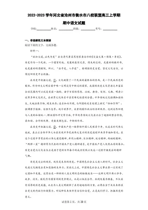 2022-2023学年河北省沧州市衡水市八校联盟高三上学期期中语文试题(解析版)