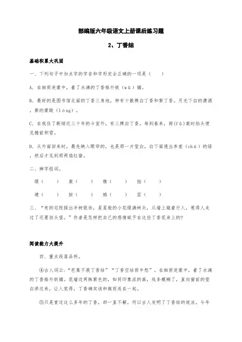 部编版六年级语文上册2 《丁香结》课后练习题(附答案)