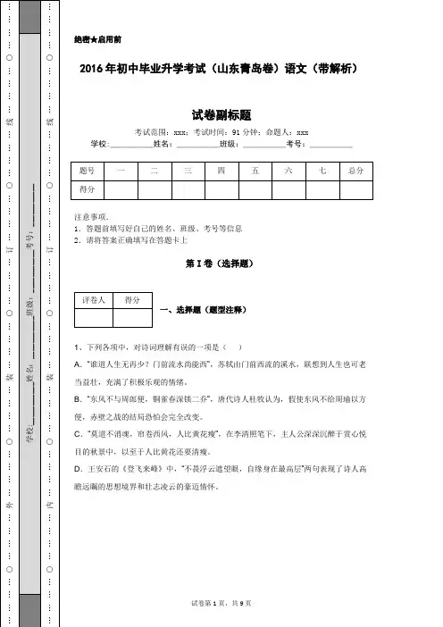 2016年初中毕业升学考试(山东青岛卷)语文(带解析)