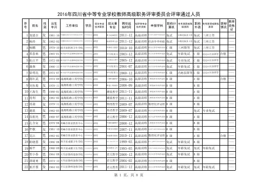 2016年四川省中等专业学校教师高级职务评审委员会评审通过人员